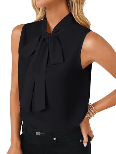 LYANER Women's Elegant Bow Tie Mock Neck Sleeveless Blouse Office Workwear Shirt Top, Pure Black, M