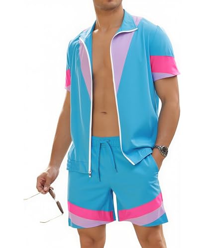 UOUA 80s Outfit for Men 90s Color Block Costumes 2 Piece Retro Short Sleeve Jacket & Shorts Set for Party Blue 3XL