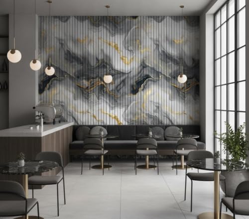 Image of Grey Gold Louvers Self-Adhesive Kitchen Wallpaper Roll, PVC 3D Wall Sticker Oil Proof, Waterproof & Washable Wallpaper for Home Decor, Living Room, Bedroom, Hotel & Cafe Walls (45x300cm)