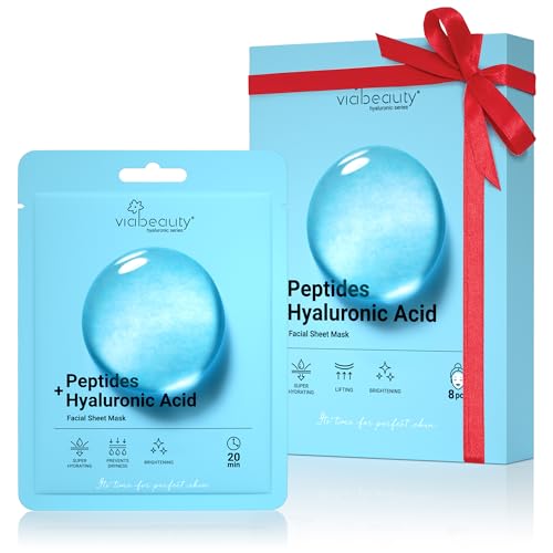 VIABEAUTY 8 Pack Hyaluronic Acid Face Mask with Peptides Complex - Deep Hydrating & Brightening Facial Sheet Mask - Moisturizing Face Masks Skincare Facial Sheets for All Skin Types