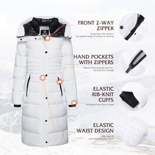 IKAZZ Long Winter Jacket for Women, Thick Down Alternative Insulation, Lightweight Yet Warm for Everyday Wear, Multi-Pocket Functionality for Storage, White L