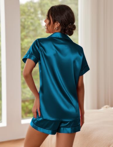 Image of Ekouaer Pajamas for Women Set Silk Satin Pjs Button Down Sleepwear Summer Loungewear Top and Shorts Lounge Set S-XXL