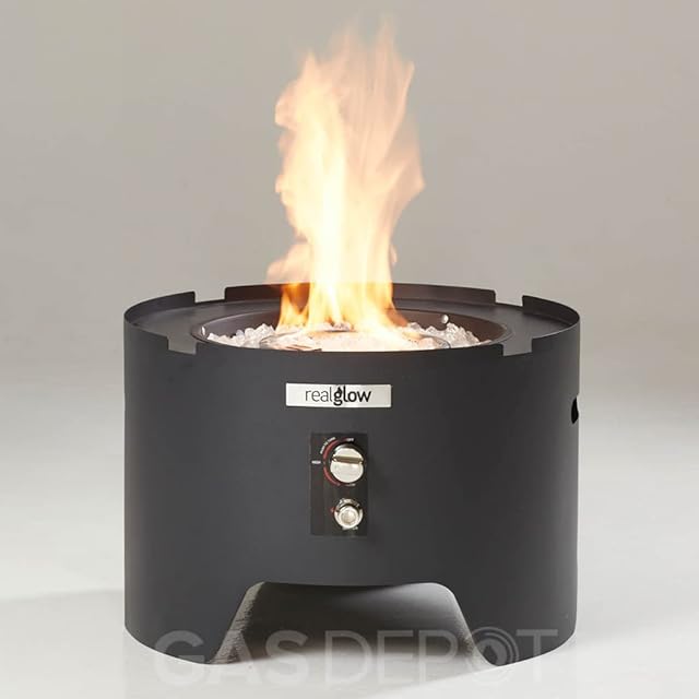 REALGLOW Firedrum Outdoor Portable Gas Fire Pit - 13KW Patio Heater with Lid, Fast Electric Ignition - Round Garden Burner Set with Glass Rocks, 2m Gas Hose, 27mm Clip-On Regulator, Weatherproof Cover