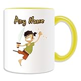 Taza personalizable con diseño de piernas de pirata (temática de cuento de hadas, opciones de color) – cualquier nombre/mensaje en su taza única – una piqueta larga John Silver, cerámica, Amarillo