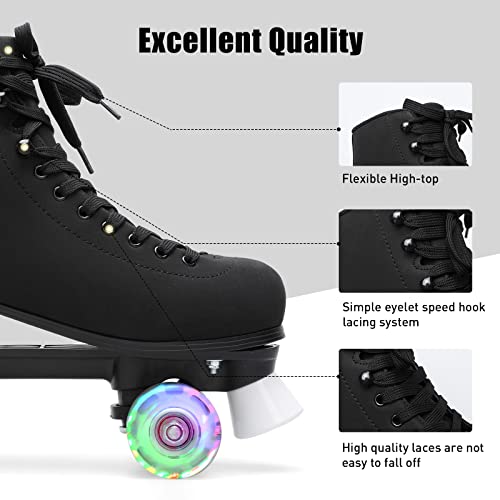 Feetcity Womens Roller Skates High-Top Double-Row Leather Roller Skates For Girls Boys For Indoor Outdoor Size 9 Black #TOP2