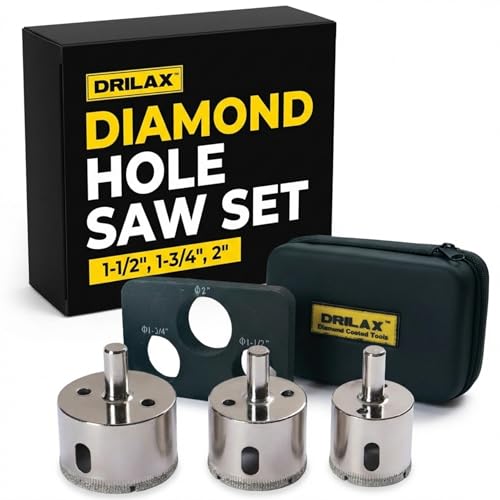 Drilax Diamond Hole Saw Set for Granite Quartz Countertops, 3 Pc 1-1/2 1-3/4 2 Inch Kit with Guide, 1-3/8 Inch Depth for Faucet Holes, Clean Cuts in Tile Glass Stone