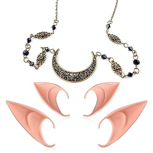 PSOWQ Orecchie da Elfo Cosplay Fata Elfo Orecchio Luna Testa Catena Retro Copricapodi Luna Collana Orecchie da Elfo Copricapo Fascia per Capelli Orecchie Elfo Morbido Gioielli Orecchie Elfo Costume