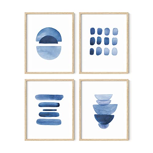 HAUS AND HUES Abstract Blue Art - Set of 4 Abstract Art Wall Decor for Living Room, Watercolor Prints Wall Art, Navy Blue Wall Art (Beige Frame, 11x14)