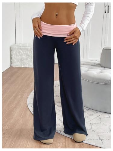 SOLY HUX Women's Sweatpants Color Block Low Rise Fold Over Waist Baggy Wide Leg Pants3