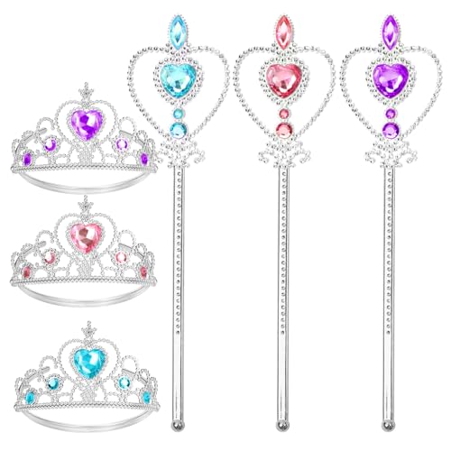 Cocojeci Tiara for Little Girls Princess Crown, Princess Dress Up Tiara and Wand Birthday Crown for Girls 3-6 Kids Play Jewelry (Heart Pink Blue Purple Wand, 6)