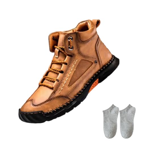 Sawbehind Men's Handmade Leather Boots, Comfortable Waterproof Outdoor Work Boots with Arch Support, Durable Casual Leather Shoes for Hiking & Daily Wear