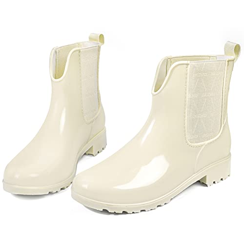 Dksuko Rain Boots For Women Waterproof Elastic Slip On Ankle Chelsea Booties Garden Rain Shoes (8.5 B(M) Us, Off White) #TOP2