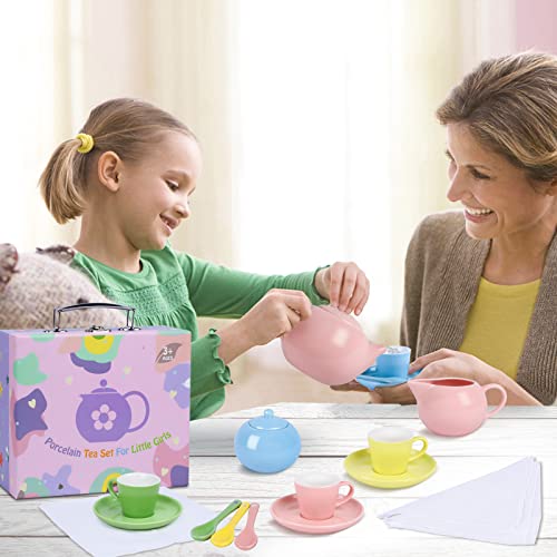 Porcelain Tea Party Set For Little Girls, 22 Pcs Princess Tea Time Toy Including Teapot,Saucers,Teacups,Sugar Bowl,Creamer Pitcher,Spoons & Tablecloth, Kids Kitchen Pretend Play For Girls Boys #TOP7