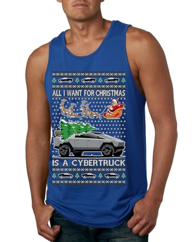 All I Want for Christmas is a Cybertruck Funny Tech Cyber Truck Elon Musk Santa Claus Reindeer Meme Ugly Christmas Mens Tank Top, Royal, XX-Large