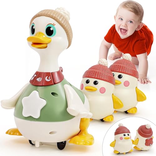 HOLA Baby Toys 6-12 Months Musical Dancing Duck Toy Set with Mama and Babys Tummy Time Toys Crawling and Interaction Modes 1 Year Old Girl Boy Baby Stocking Stuffers