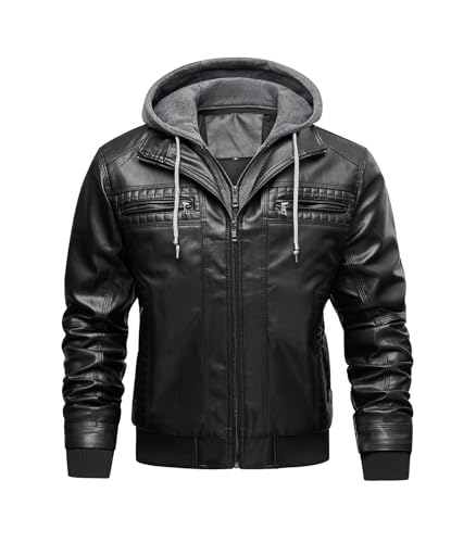 FTIMILD Men's Faux Leather Jacket Motorcycle Jacket Waterproof Windproof PU Vintage Bomber Jacket with Removable Hood