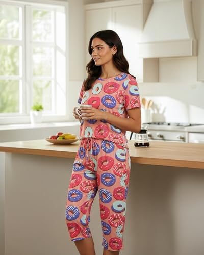 Image of Real Essentials 2 Pack: Womens Pajamas Short Sleeve Sleepwear Tops and Capri Pants Pjs Print Pajama Sets (Available In Plus)