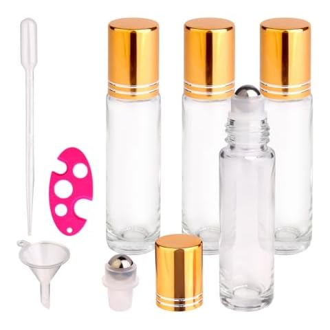 inice 4 Pack Roller Bottles Essential Oil Applicator 10ml Clear Glass Bottle Stainless Steel Metal Cap with Labels Cover