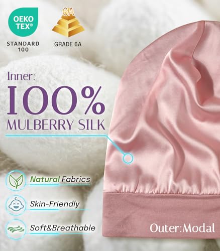 OLESILK Silk Baby Bonnet for 0-6 Months - 100% Mulberry Silk Toddler Hair Bonnet, Adjustable Night Cap for Sleeping Pink - Thumbnail 2