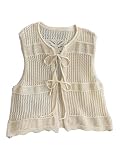 Verdusa Women's Plus Size Tie Front Sweater Vest Sleeveless V Neck Hollow Out Crochet Knitwear Apricot 4X-Large Plus