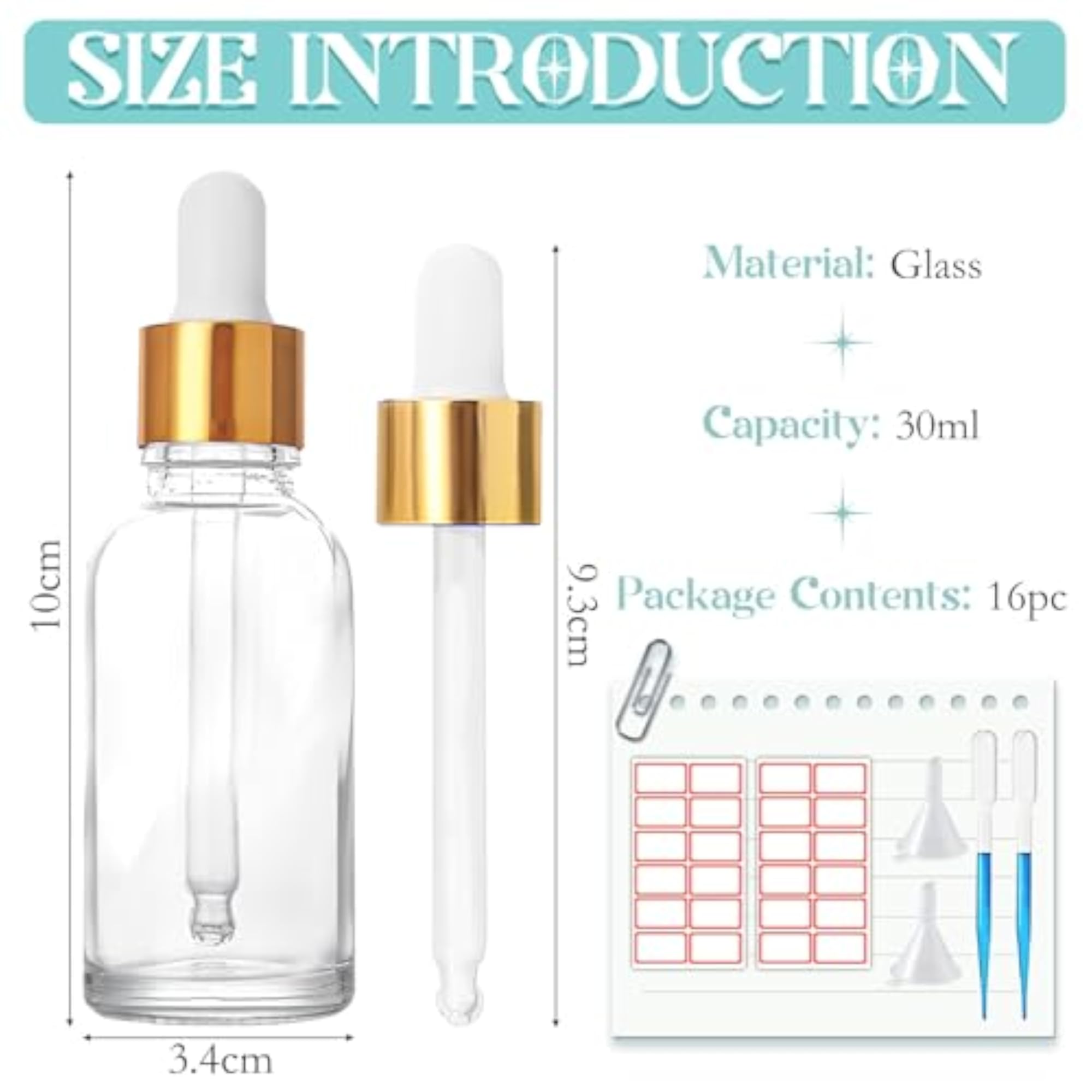 16Pcs 30ml Glass Dropper Bottles, Clear