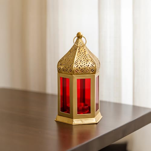 Image of MARKET 99 Metal Glass Royal Lantern | Golden Red Tealight Candle Holder | Decorative Home Decor Lamp | Festive Lighting for Diwali, Christmas, Wedding & Party Table Setup (Use LED T-Light Only)