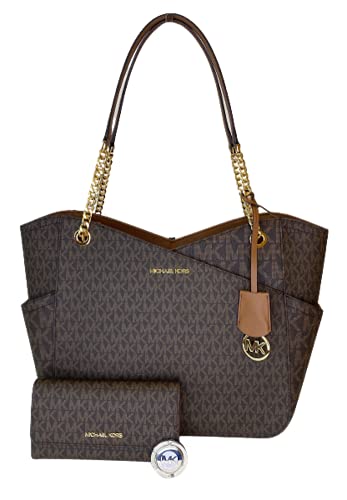 MICHAEL Michael Kors Jet Set Travel Large Chain Shoulder Tote bundled with Michael Kors Jet Set Travel Trifold Wallet and Michael Kors Purse Hook (2021 Signature MK Brown)