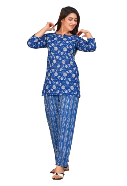 Women Cotton Night Suit Set | Printed Night Dress Pajama with Top | Soft and Comfy Sleepwear for Girls | Loungewear for Ladies | Blue-image-38