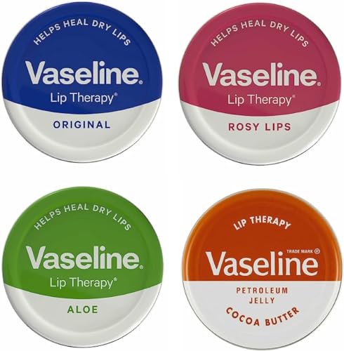 Vaseline Lip Balm - Petroleum Jelly - Lip Therapy - Original Coco Butter Alo VeraAnd Rosy 20g Tin - Soothes Dry Lips - Pack Of 4