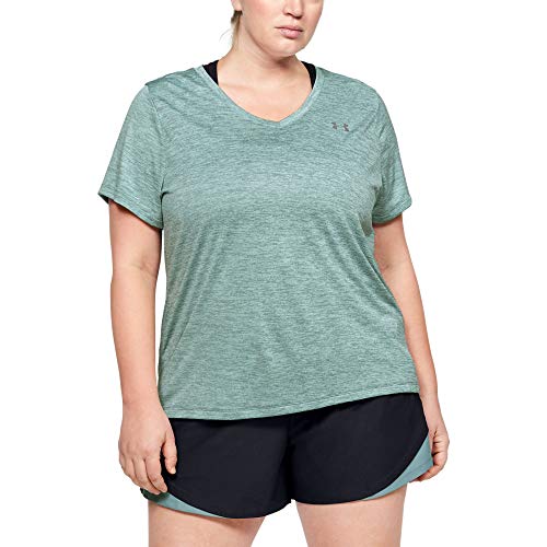 Under Armour Women's Tech Short-Sleeve V-Neck - Twist , Hushed Turquoise (396)/Metallic Silver , 1X