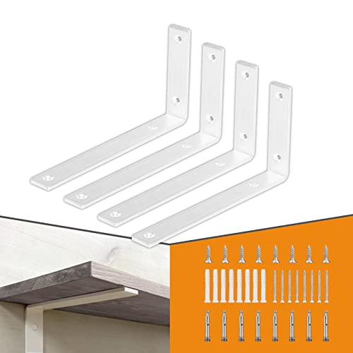 CLT White Shelf Bracket, 6” X 4” Quarter Inch (1/4") Thick- Max Load: 330 lb Rustic Industrial Modern Farmhouse Heavy Duty Cold Rolled Steel Bracket for Table Bench, Space Saving DIY, Pack of 4