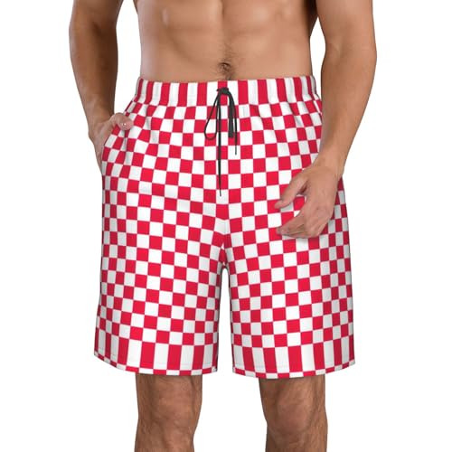 Red Checkered White Squares Print Men's Casual Beach Shorts Quick Dry Lightweight Drawstring Shorts with Pockets