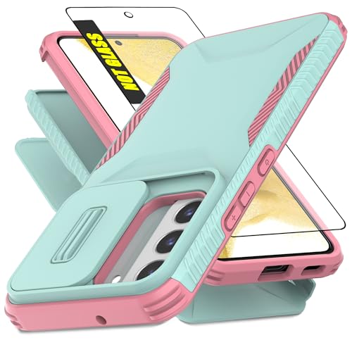 AWZHYDT for Samsung S22 5G Case with 1 HD Screen Protector & Slide Camera Cover [Military-Grade] Phone Case Heavy Duty Rugged Shockproof Protective Cover for Samsung Galaxy S22(Cyan/Pink)