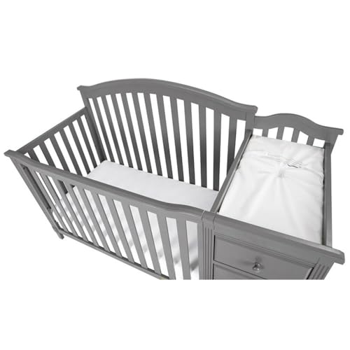 Image of Pemberly Row 4-in-1 Convertible Crib & Changer, Solid Pine Wood, Gray Finish, Changing Table with 3 Drawers and Shelves, Adjustable Mattress Support, Converts to Toddler Bed /Daybed /Full-Size Bed