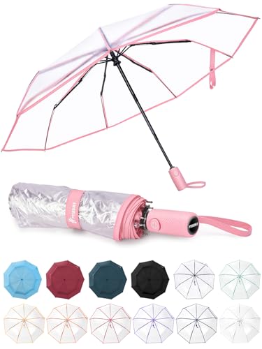 PTEROMY Windproof Travel Umbrellas for Rain and Sun, Withstands 85MPH Winds Auto Open Close Folding Umbrella with Ergonomic Handle, Quick Dry Canopy for Commuting or Backpack (Clear-Pink, 1PK)