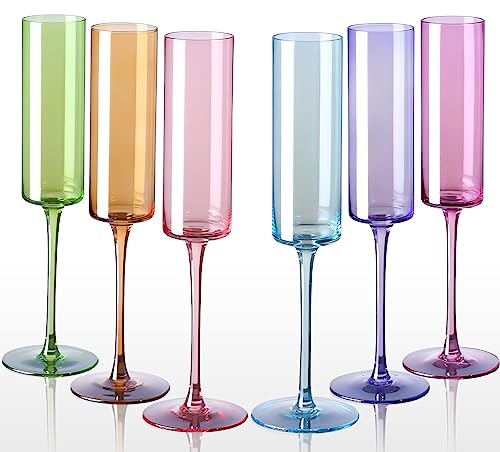 Comfit Champagne Flutes -Square Champagne Flutes With Multi Color Modern Colored Champagne Glasses Set Of 6, Lead-Free Premium Crystal, Gifts For Weddings, Anniversaries, Christmas, 6.5 Oz #TOP11