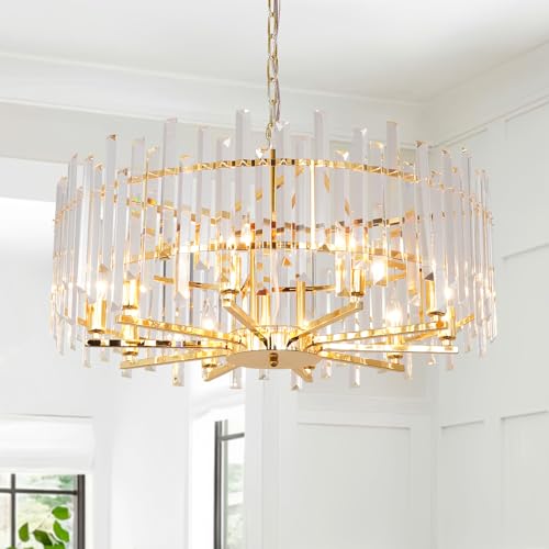 Aimluxin Gold Crystal Chandeliers for Dining Room, 27.6" Modern Round Chandelier Large Adjustable Height Ceiling Hanging Pendant Light Fixture for Dining Living Room Bedroom