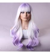 BERON Purple and White Long Wigs Curly Wavy Women's Wigs with Bangs Purple White Ombre Colorful H...