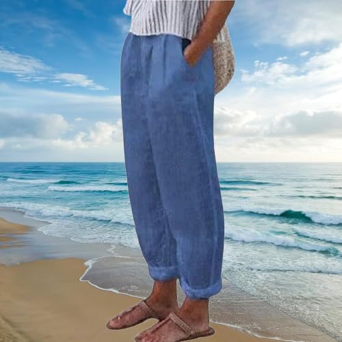 ZOCANIA Cotton Linen Pants for Women Floral Printed Beach Pants Elastic Waist Cropped Trousers Boho Pants with Pockets - Image 4