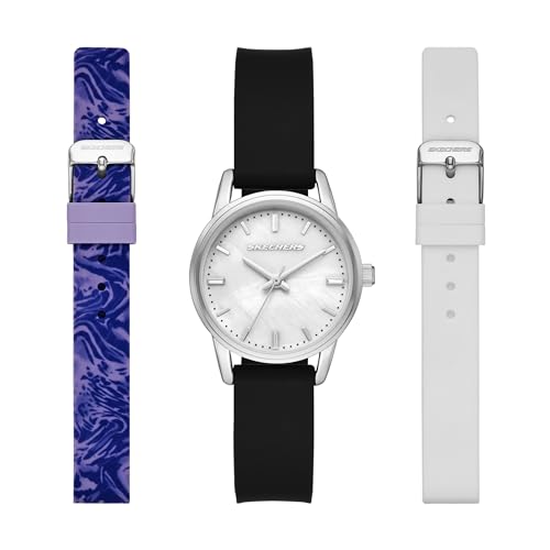 Skechers Women's Three Hand Silicone Watch & Interchangeable Band Gift Set, Color: Silver, Black (Model: SR9085)