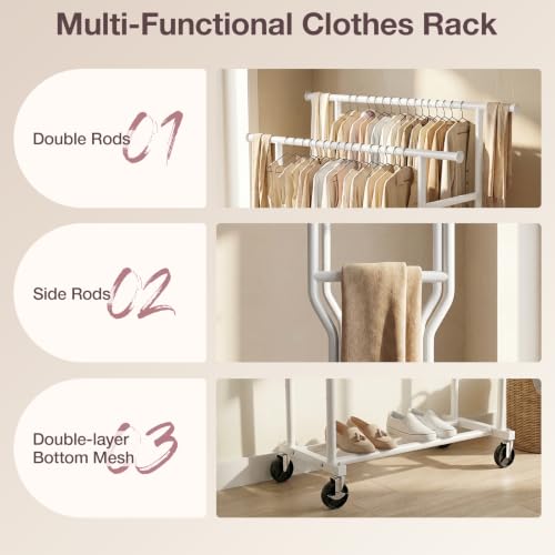 WATIOWL Clothes Rack, Double Rods Rolling Clothing Rack for Hanging Clothes Load 260 LBS Closet Rack with Wheels, Metal Portable Garment Rack for Bedroom Laundry Living Room, White by WATIOWL - Used condition - Image 6