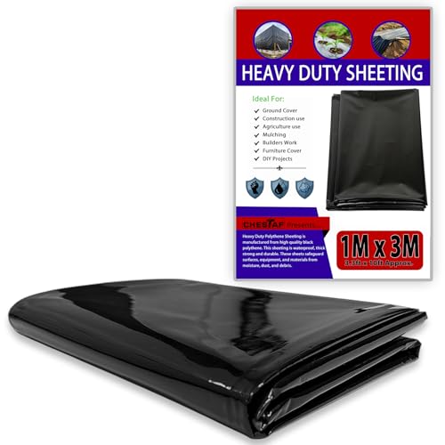 CHESTAF 1M X 3M Black Plastic Sheeting Heavy Duty, 270G Thick Polythene Sheeting Garden Grow, Dust Sheet Waterproof Outdoor Cover, Large Construction Gardening Insulation, Building Rubble Protection