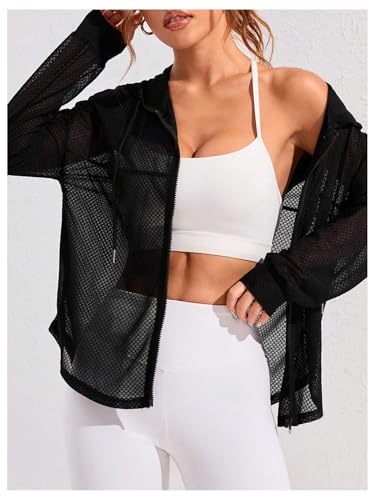 SweatyRocks Jaqueta feminina com capuz de malha transparente com capuz e zíper, Preto, M