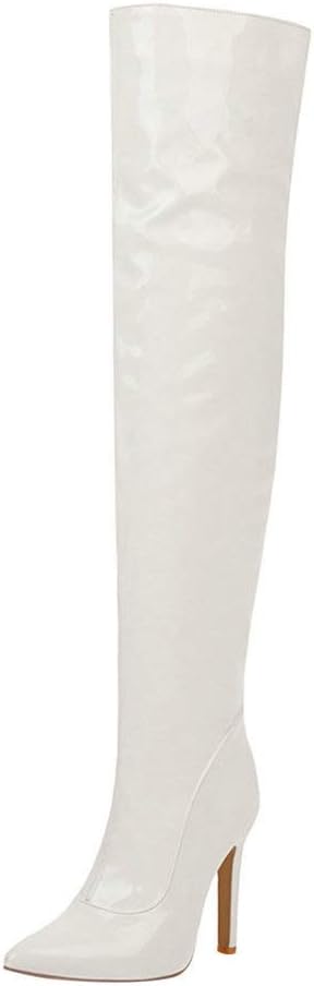 LUXMAX Women Patent Leather Thigh High Boots Stiletto High Heel Pointed Toe Stretch Over The Knee Boots