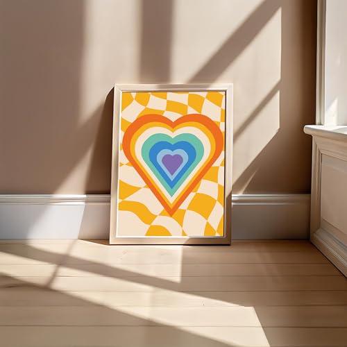 Image of BLINKART Heart Retro Checkered Aesthetic Modern Art Walls With Frame | Natural Wood Texture | Living Room Bedroom Office Wall Decoration | Poster Home Decor Frames Wall Bedroom | 12x8 Inches (D71)