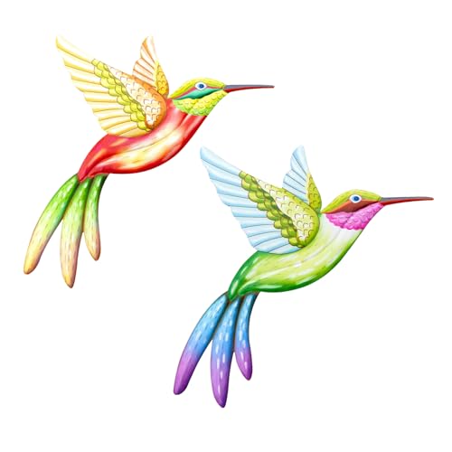 2 piezas grandes de metal para decoración de pared de colibrí, coloridas esculturas de pared, 22 x 26 cm, adornos colgantes para exteriores, decoraciones de primavera