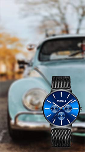 Herren Uhren Ultra Dünne Schwarze Minimalistische Quartz mit Milanese Mesh Edelstahl – Bild 7