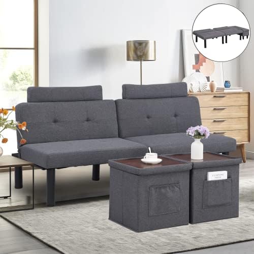 Futon Sofa Bed Adjustable Convertible Sleeper Sofa for Living Room, Apartment, Dorm Storage Ottoman Coffee Table, Lumbar Pillows (Linen-Gray)