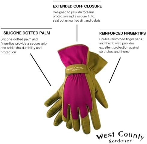 West County 074B/S Classic Gloves – Small, Berry, Gardening Gloves w/ Extended Cuff, Dotted Palm and Finger Tips, Berry/Moss image 5