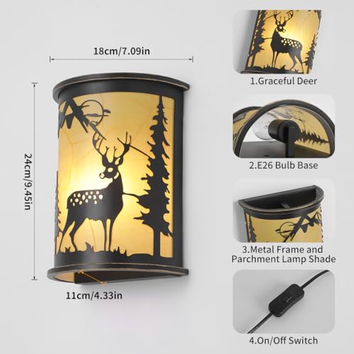 Image of Rustic Wall Sconces Set of Two, Farmhouse Deer Plug in Wall Sconce, Modern Industrial Wall Light Fixtures for Hallway, Stairway, Porch, Bedroom, Cabin
